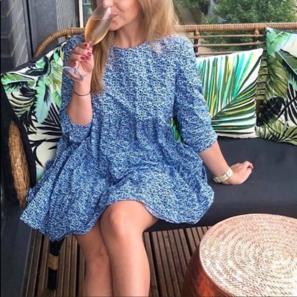Zara Babydoll Tiered Floral Cotton Mini Dress Blue Size Medium - Picture 4 of 10